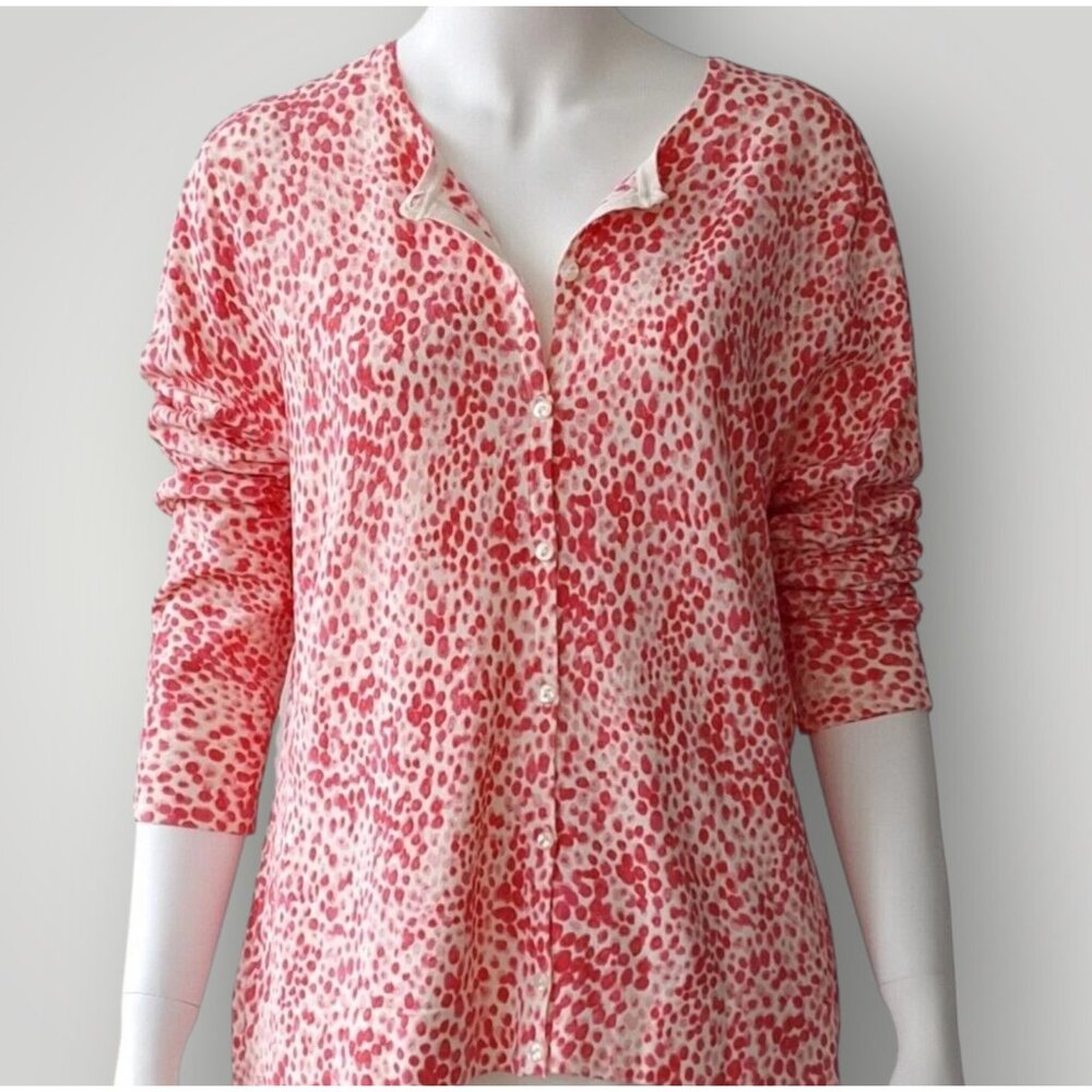 TALBOTS Woman's Petite S White Pink Animal Print BUTTON CARDIGAN SWEATER